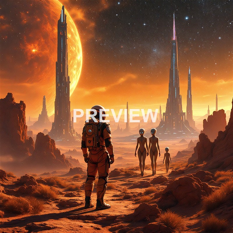 An astronaut standing on a rocky, reddish landscape observing three humanoid figures walking towards towering futuristic buildings under a starry sky with a large, bright planet or star in the background.